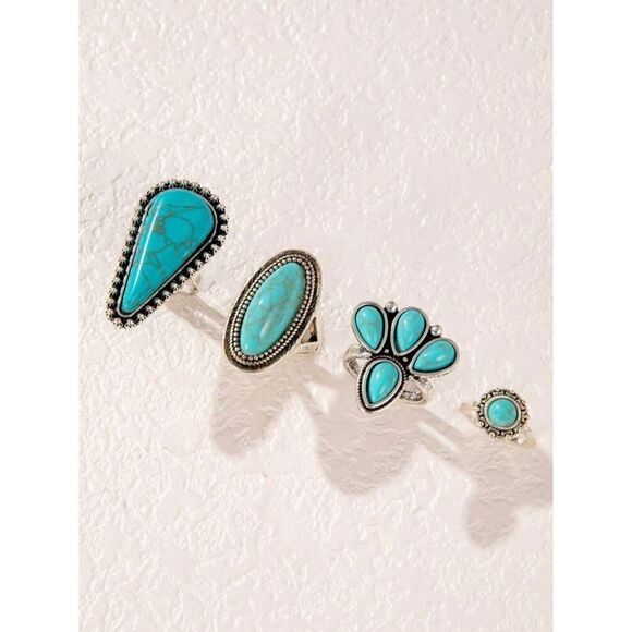 Simple and Elegant Blue Turquoise Water Teardrop Ring Set varied size - Picture 10 of 12